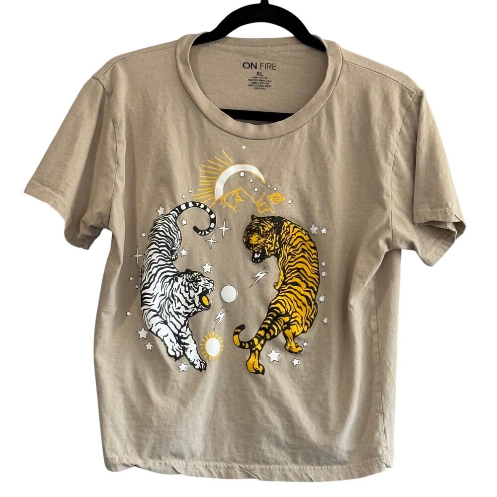 Tiger Celestial Graphic T Shirt Tee Cropped Sun Moon Stars Indie XL On Fire Crop